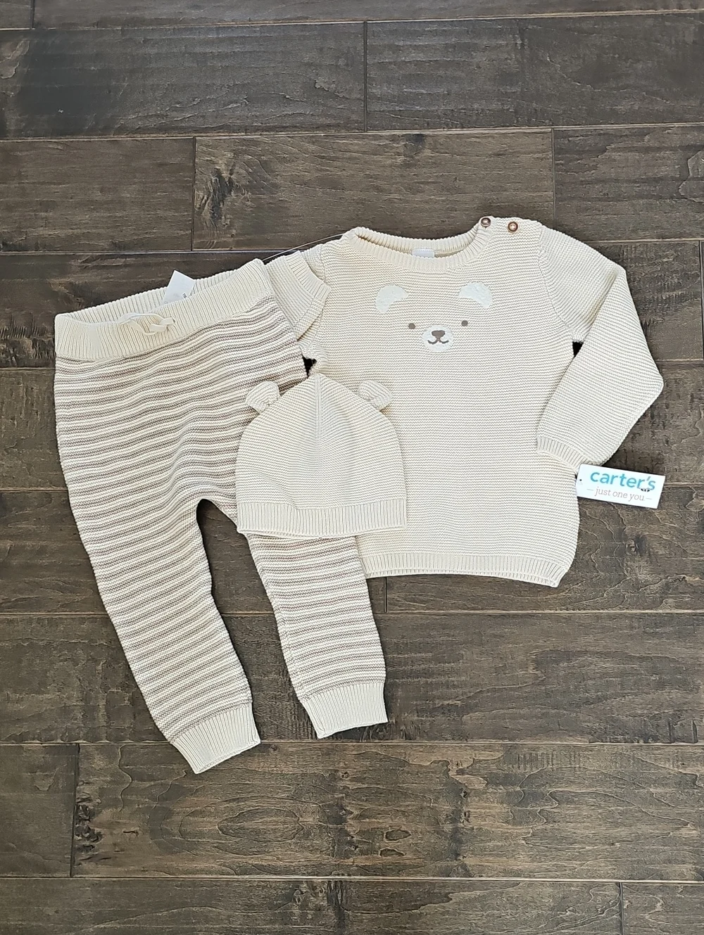 Brand New Carter's Cream Knit Bear Sweater, Striped Pant & Hat Set - Unisex 18mo